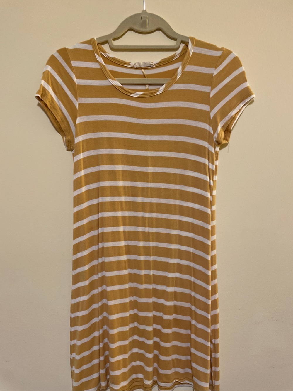 Striped Short-Sleeve Women's Dress in Mustard and White